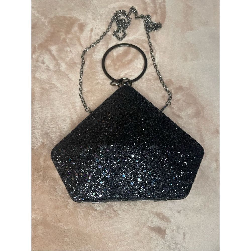 New Black Glitter Geometric Clutch With Round Handle/ Shoulder Strap